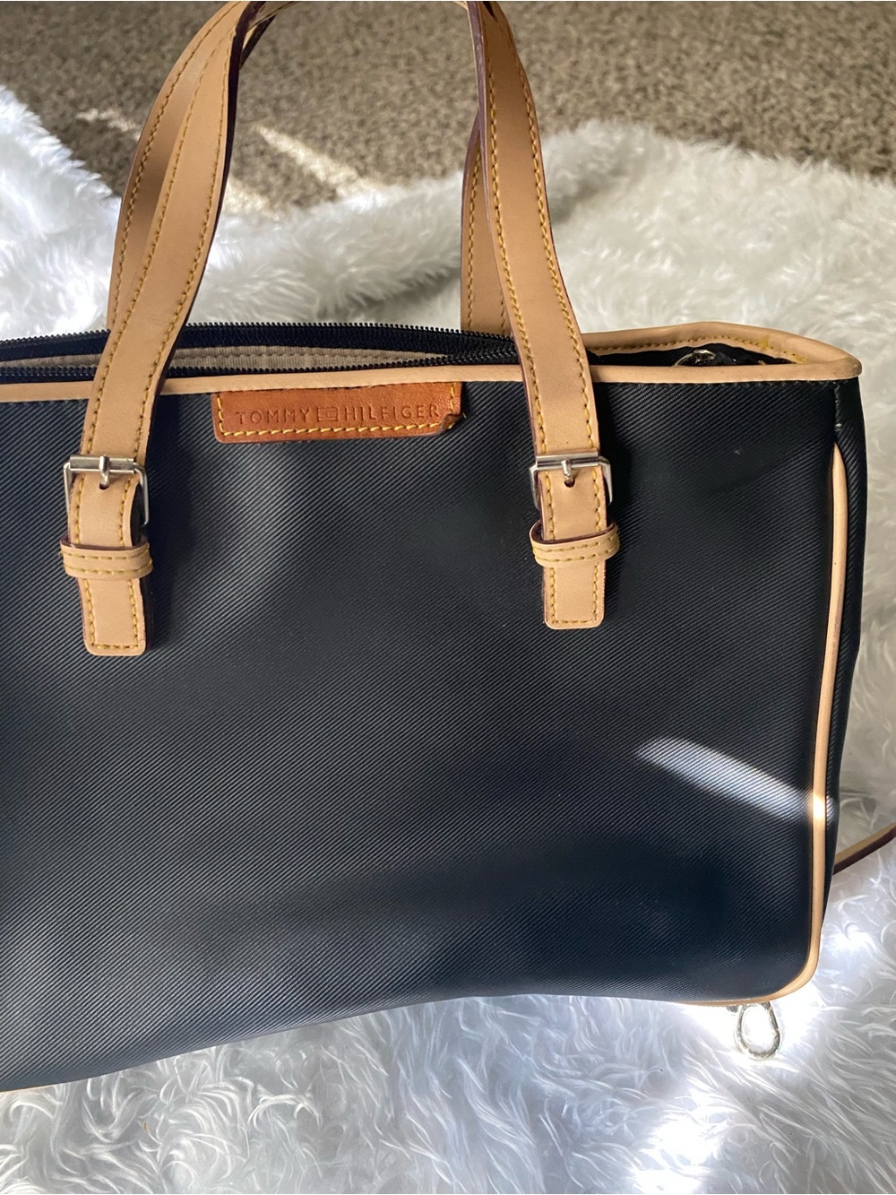 Tommy Hilfiger Black and Tan Leather-Trim Tote
